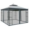 10x10 Steel Patio Gazebo Canopy Grey with Mesh Curtains Shelves