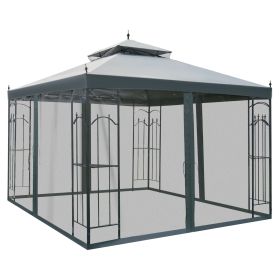 10x10 Steel Patio Gazebo Canopy Grey with Mesh Curtains Shelves