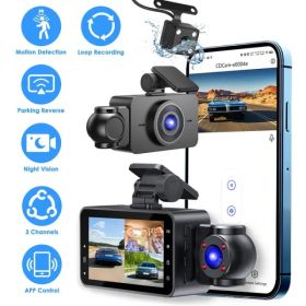 WiFi FHD 1080P 3 Channel Car Dash Cam Front Rear Inside With 32G MMC Card Motion Detection Loop Recording Infrared Night Vision Surveillance Car (Option: Black)